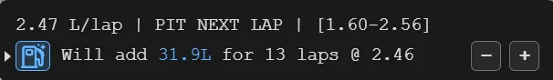 Driver fuel overlay: will add 31.9 L for 13 laps at 2.46 L/lap