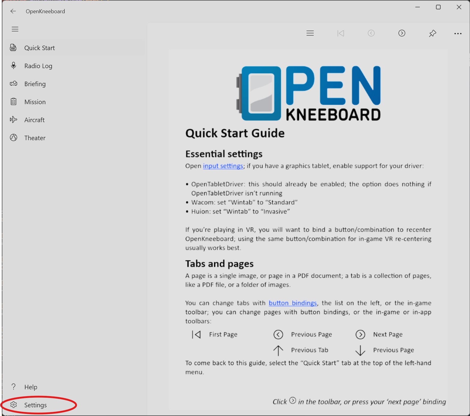 OpenKneeboard with Settings highlighted in the bottom-left