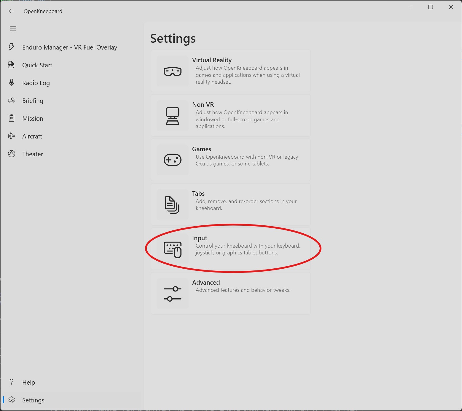 OpenKneeboard Settings with the Input card highlighted