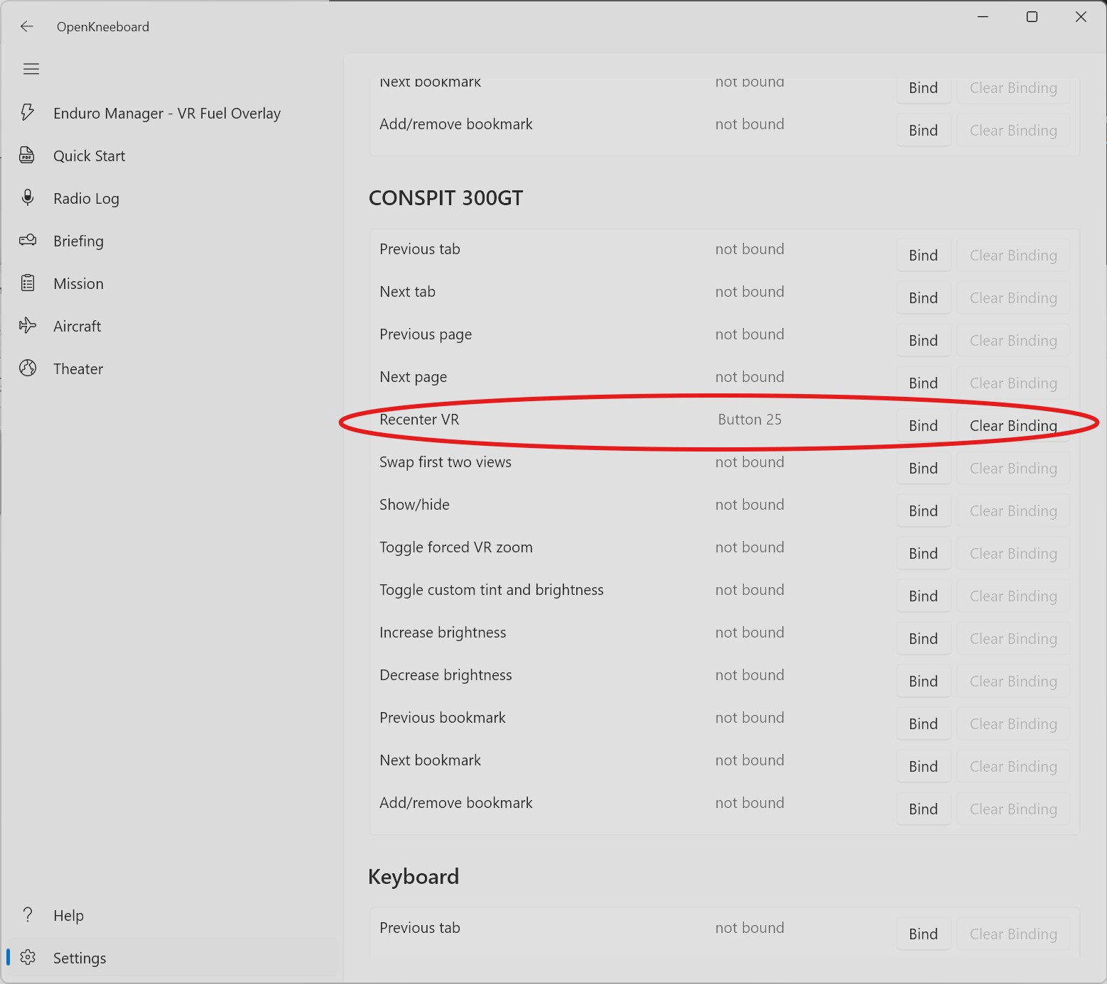 OpenKneeboard Input bindings with Recenter VR bound to a controller button