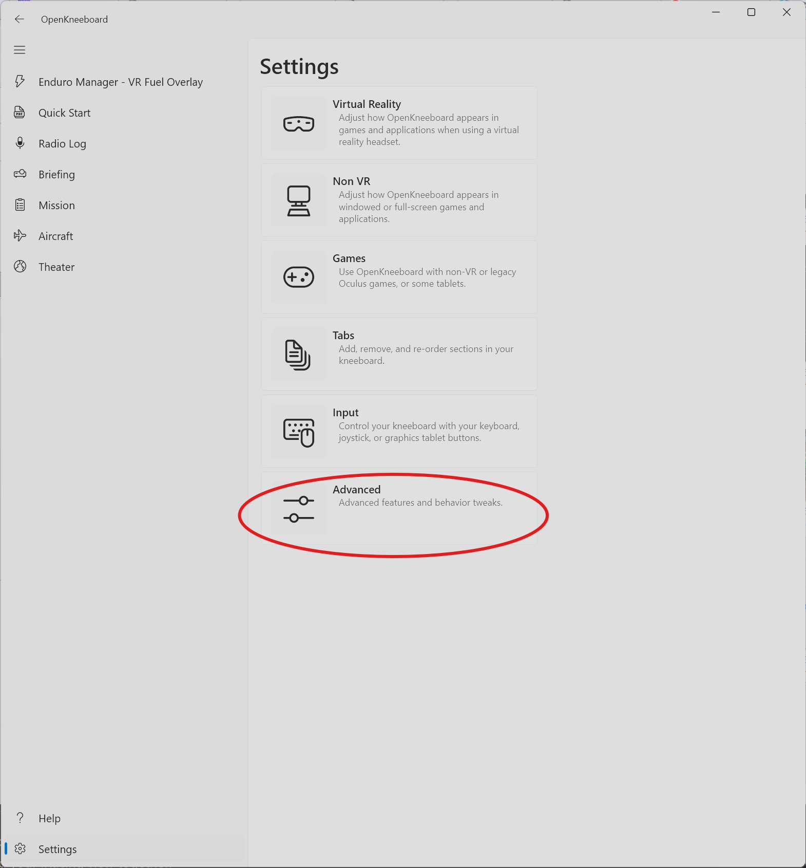 OpenKneeboard Settings with the Advanced card highlighted