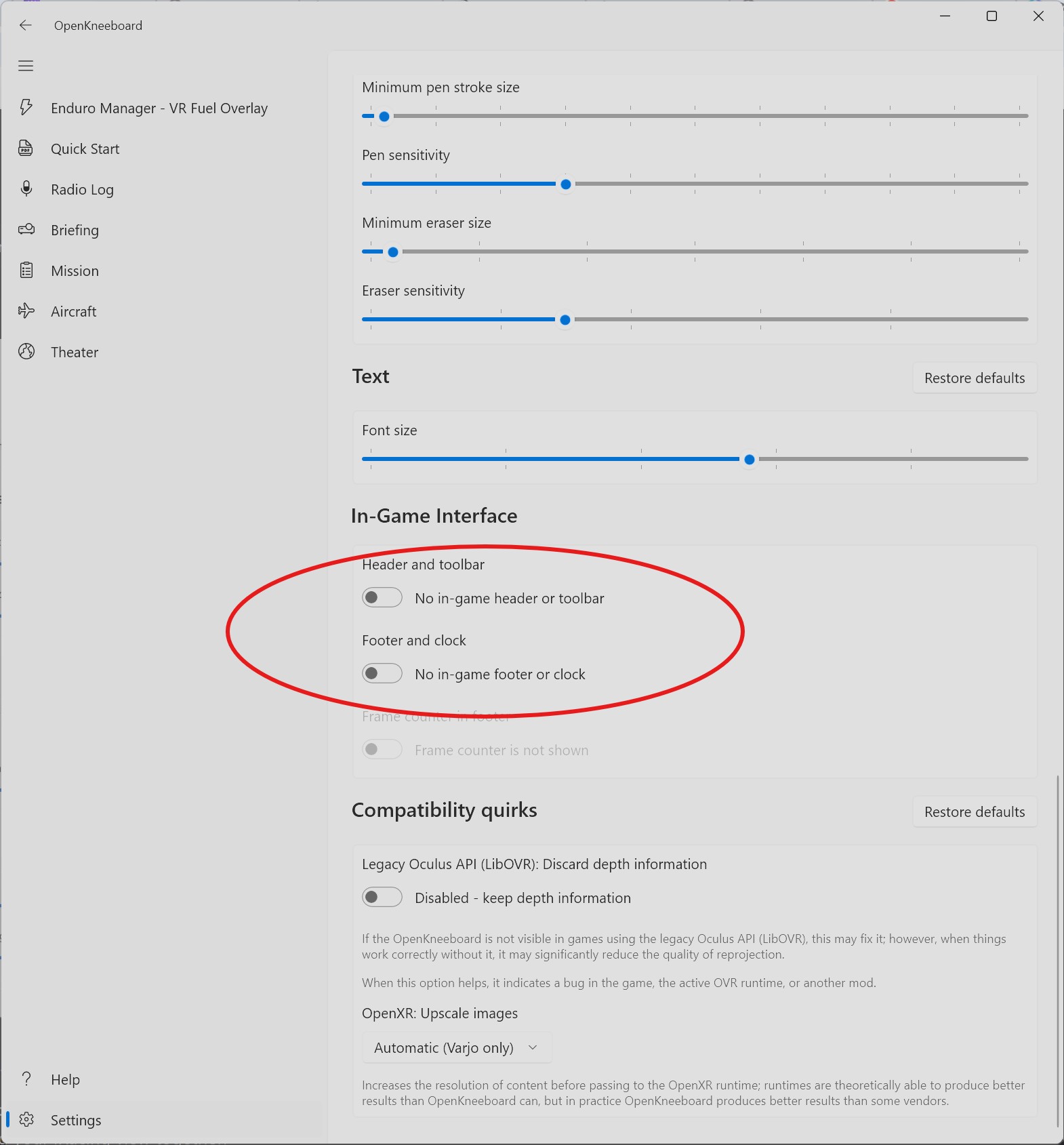 OpenKneeboard Advanced settings showing the Header/toolbar and Footer/clock toggles to hide them in-game