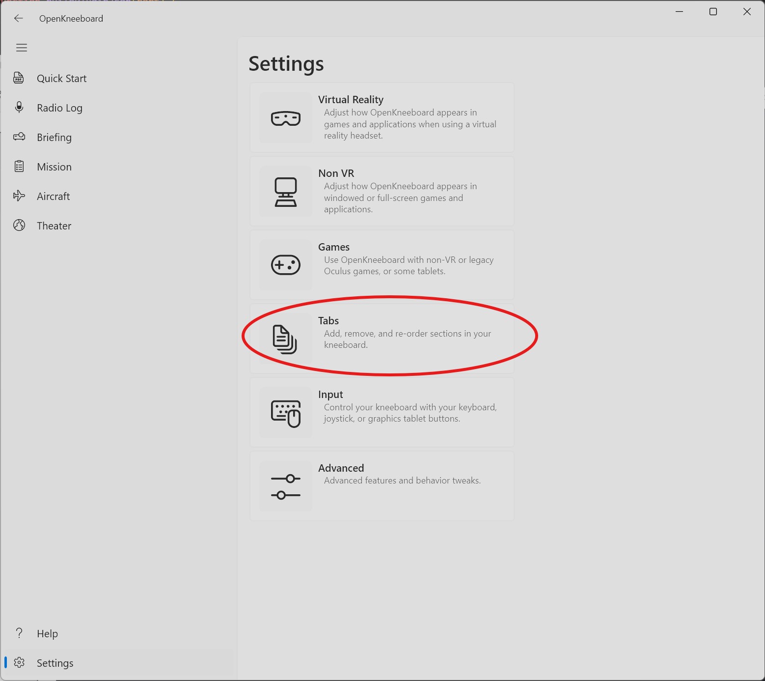 OpenKneeboard Settings with the Tabs card highlighted