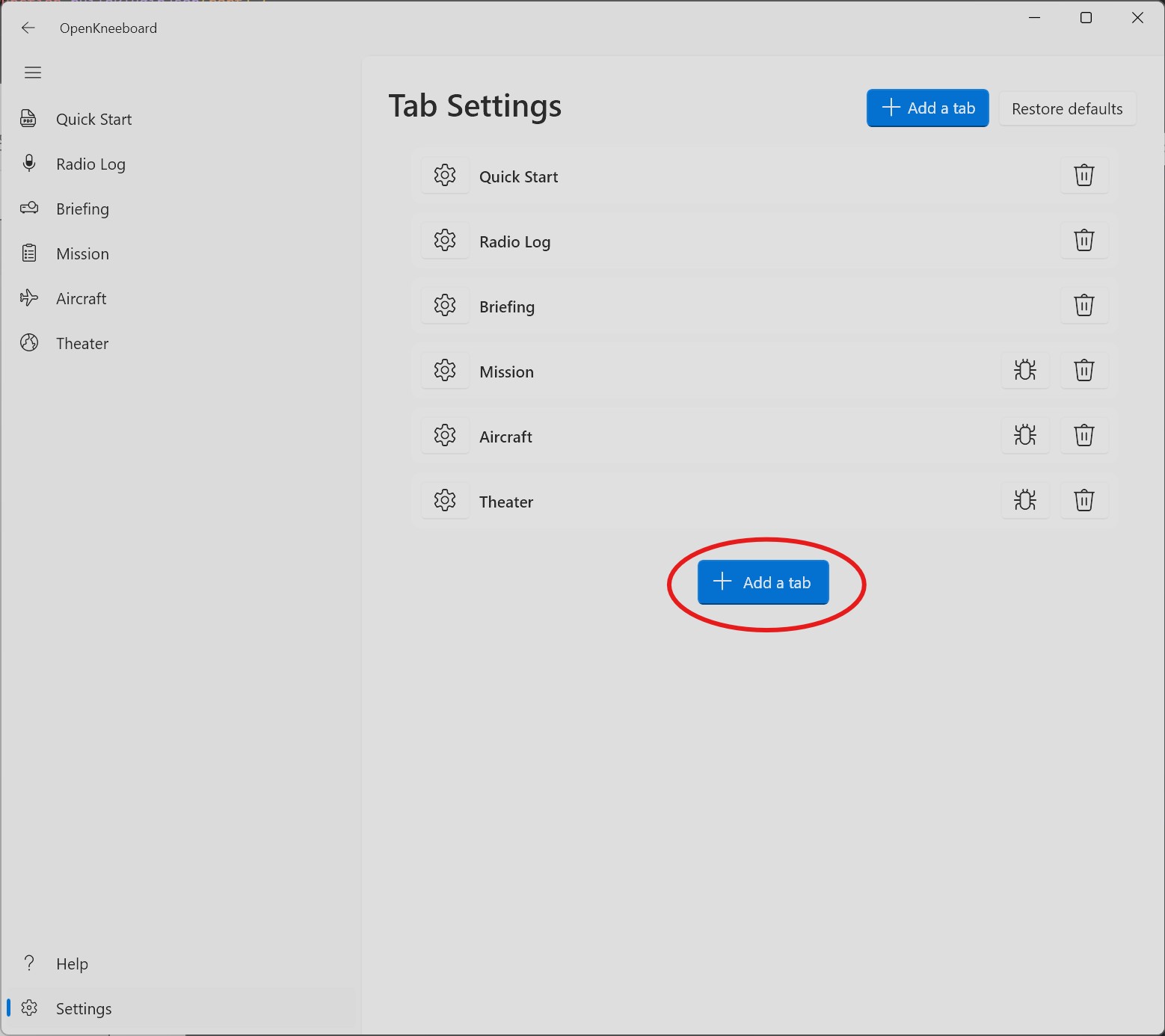 OpenKneeboard Tab Settings with the Add a tab button highlighted