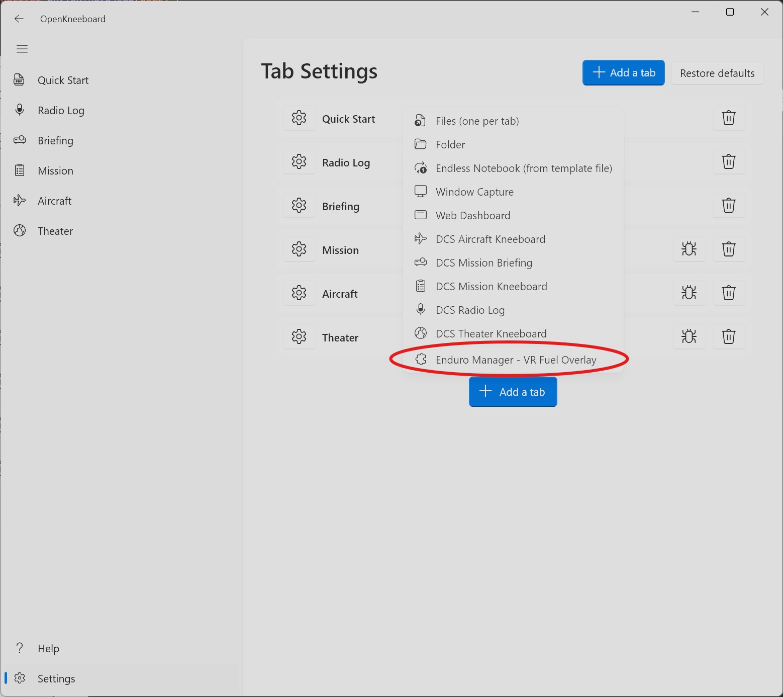 Tab type dropdown with Enduro Manager VR Fuel Overlay highlighted