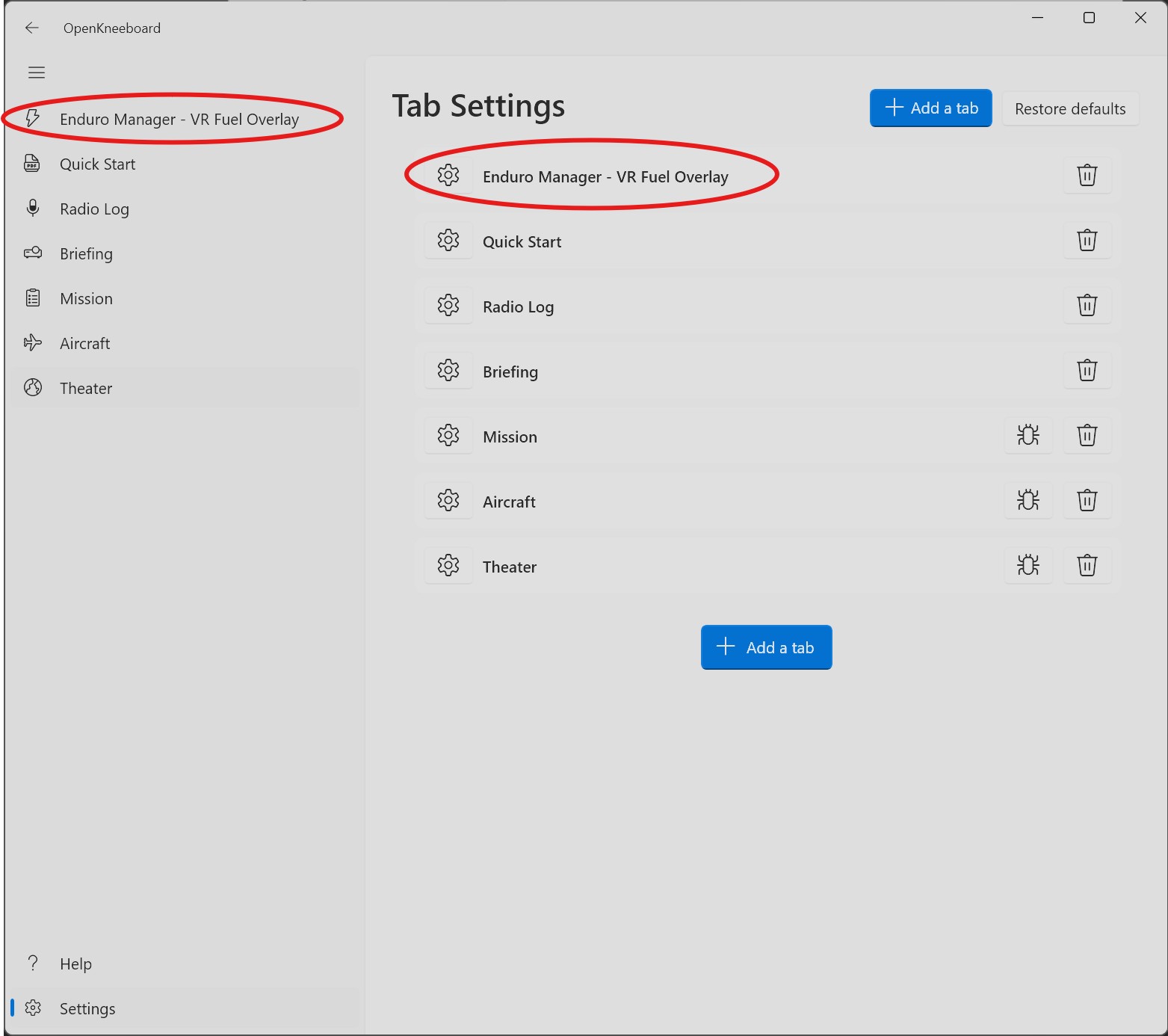 OpenKneeboard Tab Settings showing Enduro Manager - VR Fuel Overlay at the top of the tab list and in the left sidebar