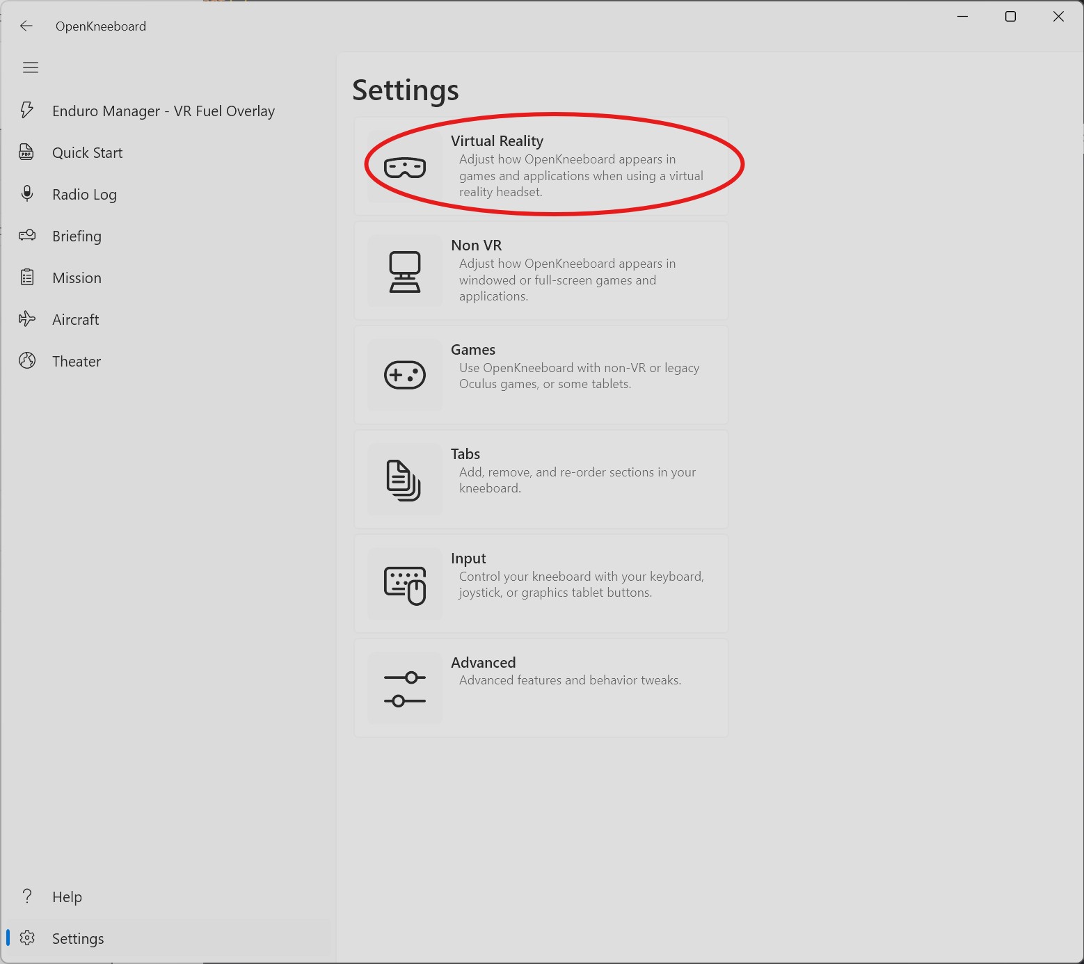 OpenKneeboard Settings with the Virtual Reality card highlighted, and Enduro Manager VR Fuel Overlay visible in the sidebar