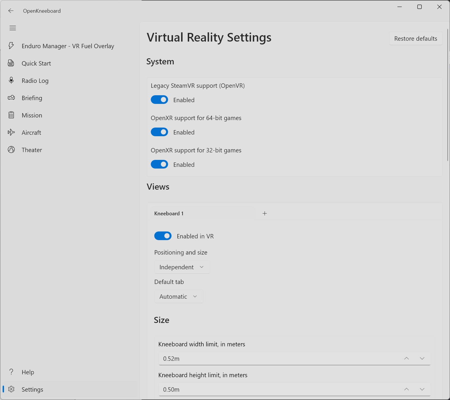 Virtual Reality Settings showing Kneeboard 1 with Enabled in VR and OpenXR support toggles