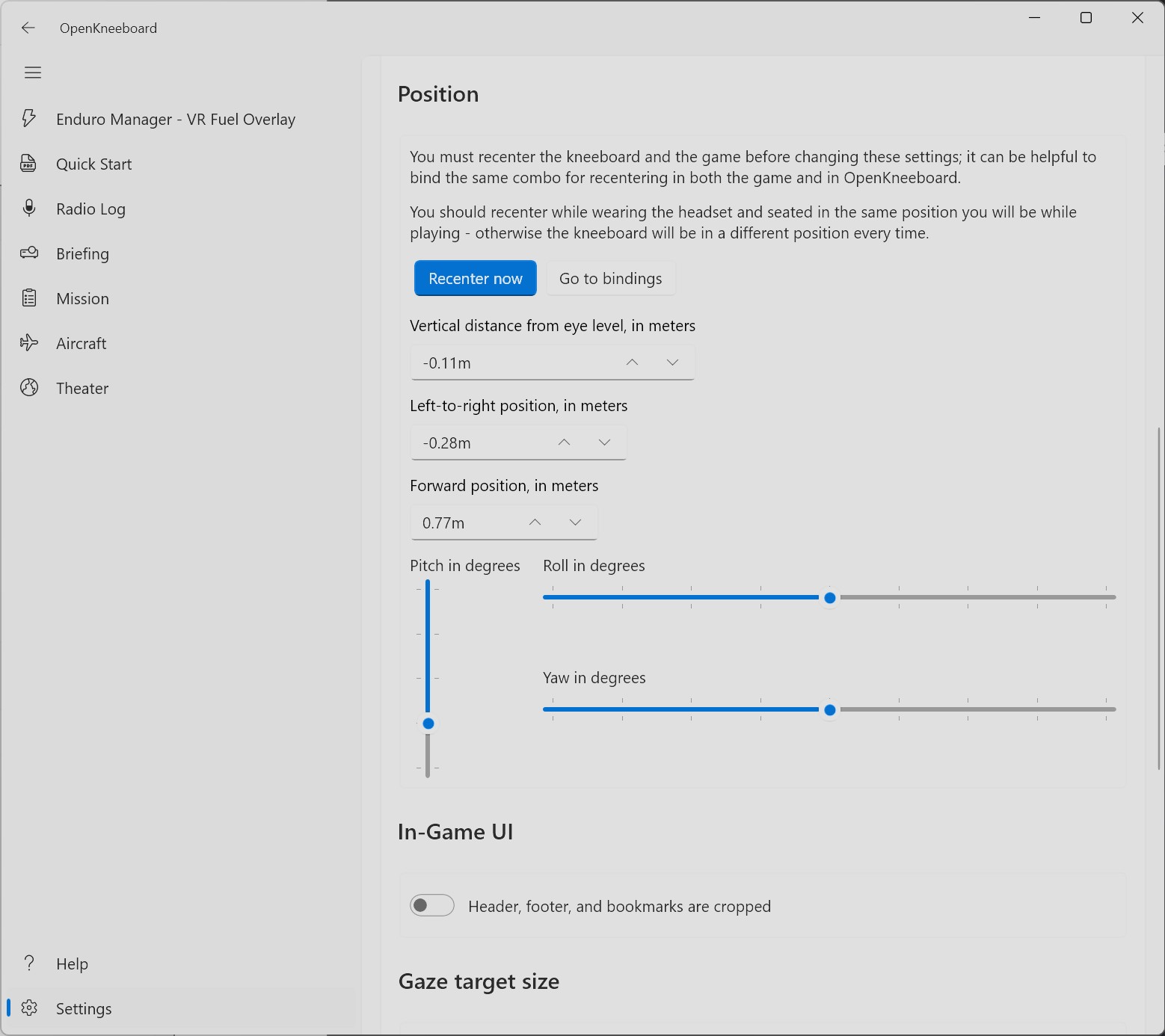 OpenKneeboard VR Position settings with Recenter now and distance / angle controls