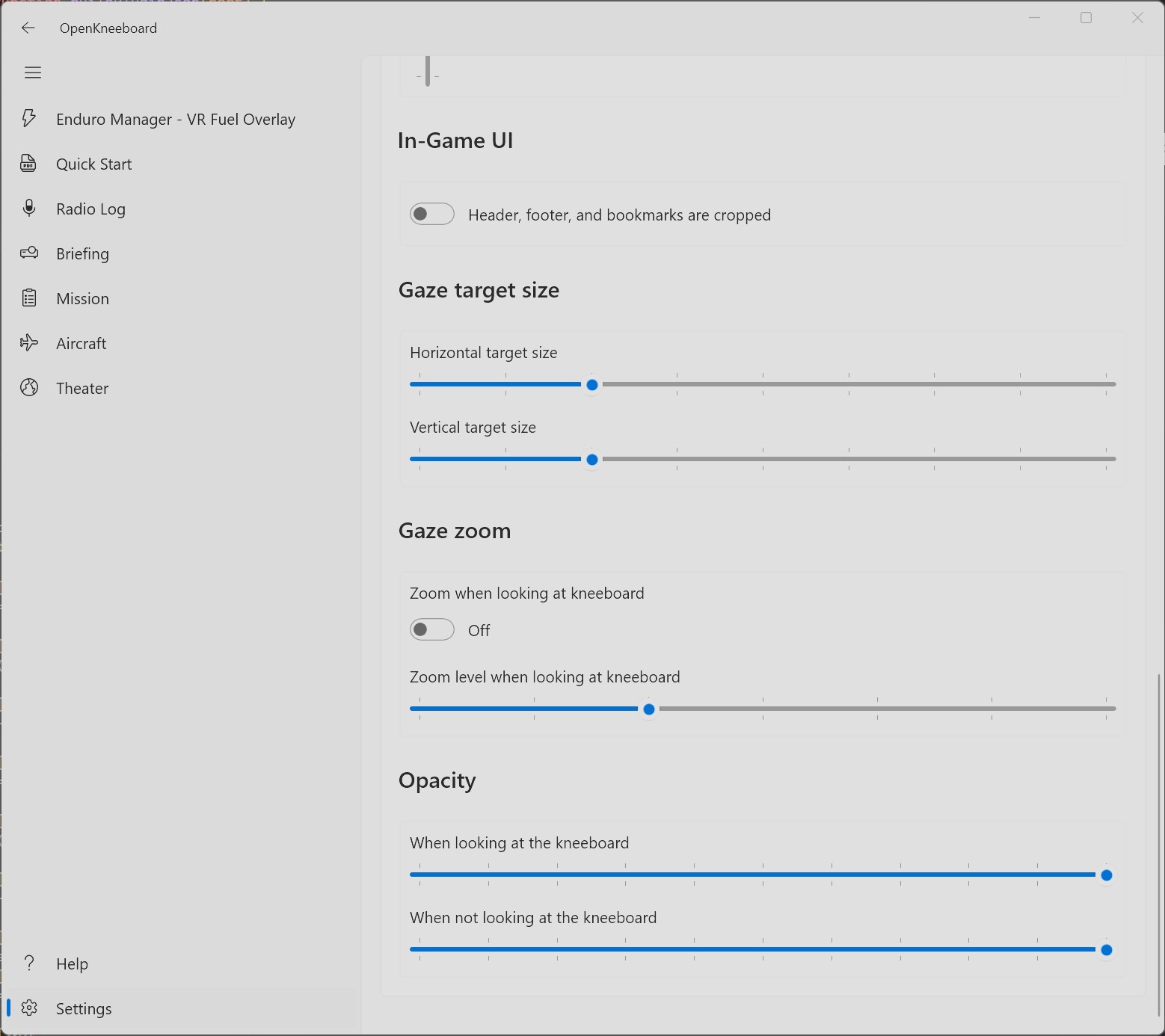 OpenKneeboard VR opacity and gaze zoom settings