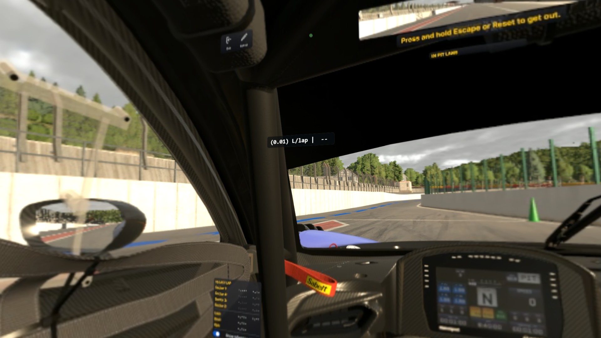 Enduro Manager VR fuel overlay floating above the dashboard in the iRacing in-car view, showing live fuel-per-lap and laps remaining