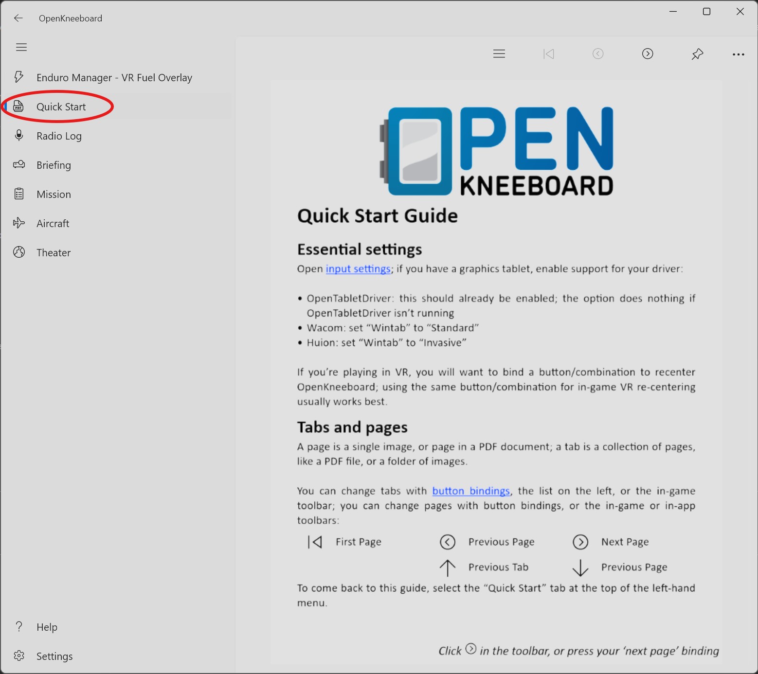 OpenKneeboard window with the Quick Start tab highlighted in the left sidebar