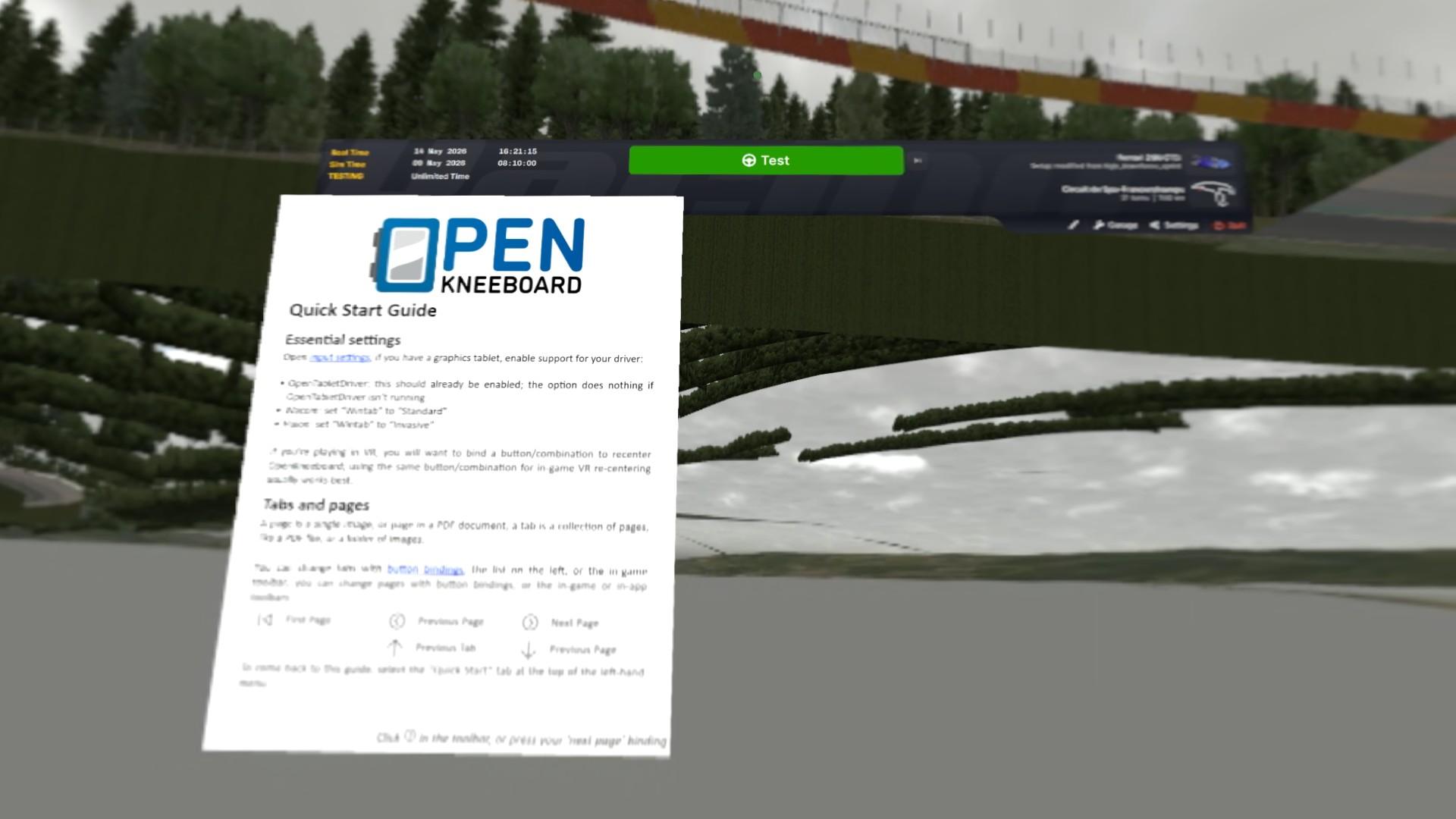 OpenKneeboard Quick Start page floating in the iRacing VR view